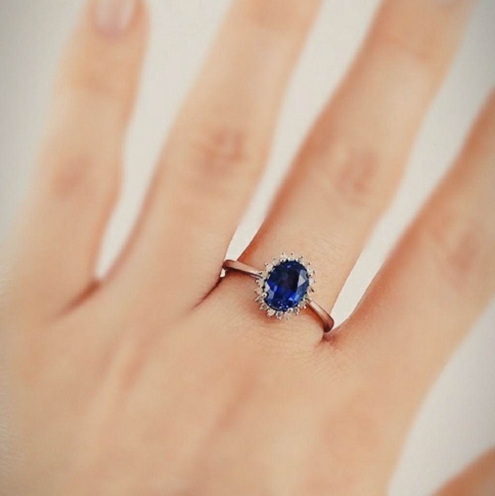 10kt White Gold Created Tanzanite and Diamond Ring